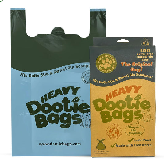 HEAVY Dootie Bags with EZ Tie Handles. Clean and Convenient for Pet Dog Poop, Cat Litter. Multi-Use. Great for Swivel Bin and  Scoopers. Made with Cornstarch. Strong, Leakproof and Very Large